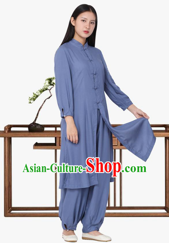 Chinese Traditional Meditation Costume Top Grade Tai Ji Uniforms Professional Tang Suit Blue Zen Outfits for Women
