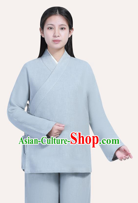 Chinese Traditional Lay Buddhist Costume Top Grade Tai Ji Uniforms Professional Tang Suit Women Light Grey Ramie Meditation Outfits