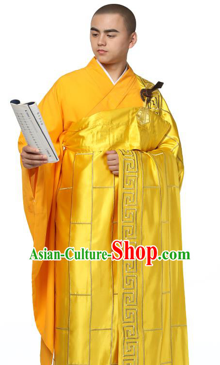 Chinese Traditional Monk Golden Silk Frock Costume Buddhism Clothing Cassock Bonze Garment for Men