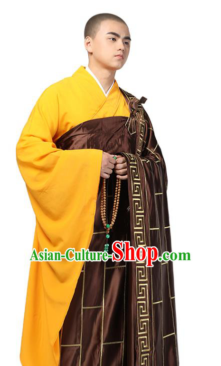 Chinese Traditional Monk Brown Silk Frock Costume Buddhism Clothing Cassock Bonze Garment for Men
