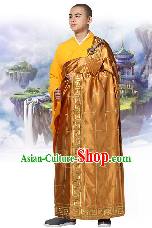 Chinese Traditional Monk Dark Golden Silk Frock Costume Buddhism Clothing Cassock Bonze Garment for Men