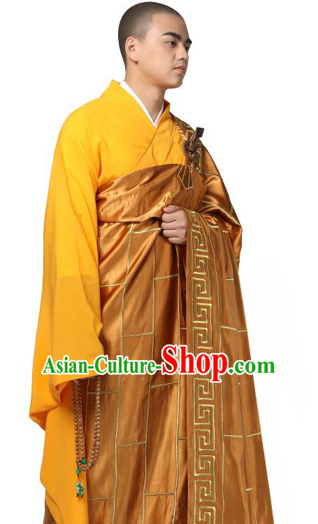 Chinese Traditional Monk Dark Golden Silk Frock Costume Buddhism Clothing Cassock Bonze Garment for Men
