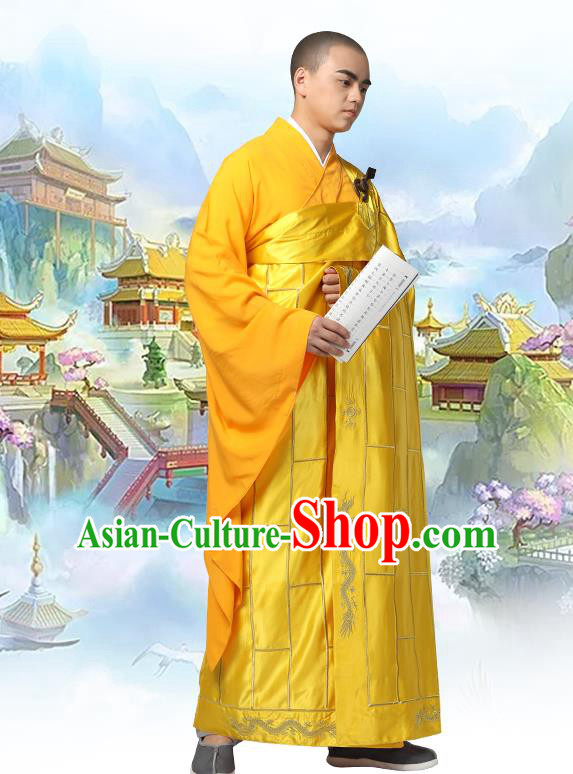 Chinese Traditional Monk Embroidered Dragon Golden Silk Kasaya Costume Buddhism Gown Clothing Bonze Cassock Garment for Men
