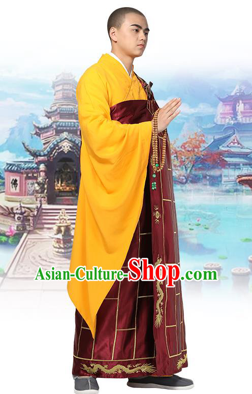 Chinese Traditional Monk Embroidered Dragon Wine Red Silk Kasaya Costume Buddhism Gown Clothing Bonze Cassock Garment for Men
