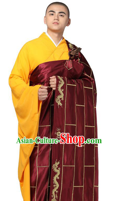 Chinese Traditional Monk Embroidered Dragon Wine Red Silk Kasaya Costume Buddhism Gown Clothing Bonze Cassock Garment for Men