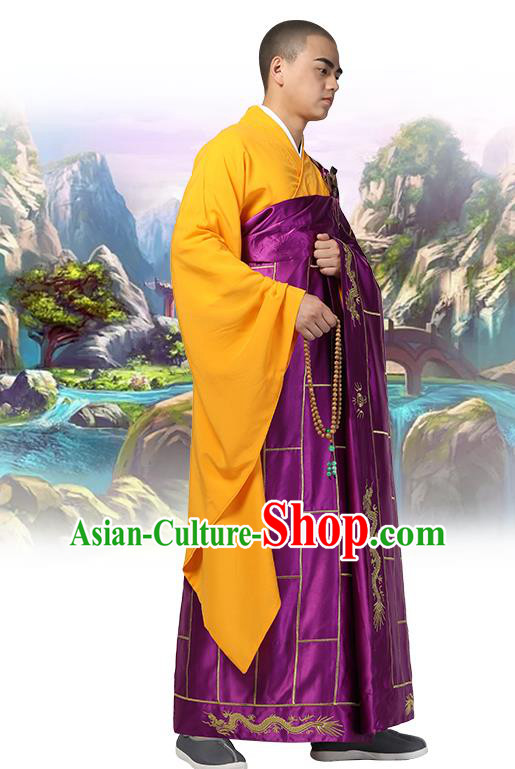 Chinese Traditional Monk Embroidered Dragon Purple Silk Kasaya Costume Buddhism Gown Clothing Bonze Cassock Garment for Men
