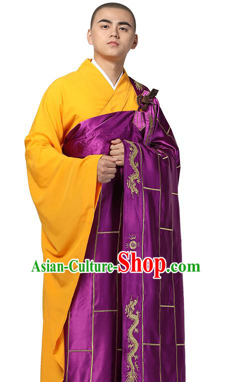 Chinese Traditional Monk Embroidered Dragon Purple Silk Kasaya Costume Buddhism Gown Clothing Bonze Cassock Garment for Men