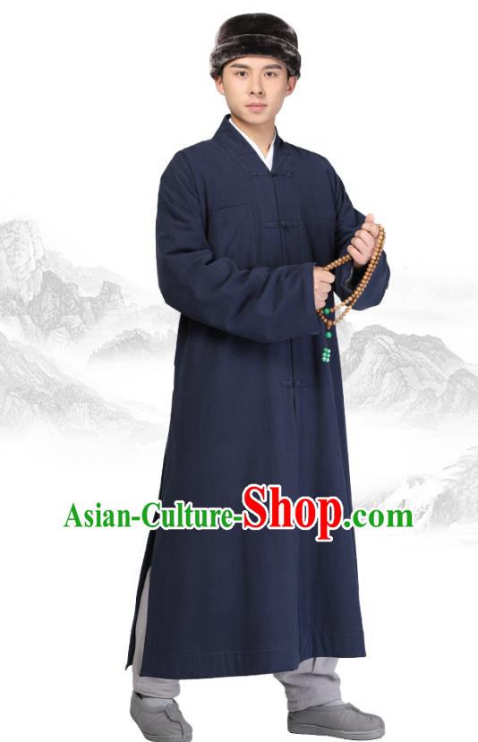 Chinese Traditional Monk Navy Brushed Gown Costume Meditation Garment Lay Buddhist Clothing for Men
