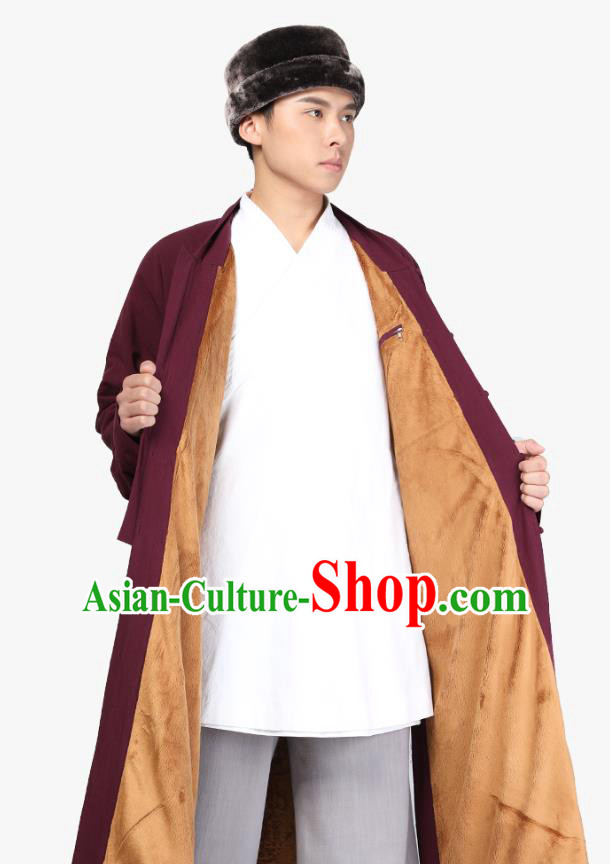 Chinese Traditional Monk Wine Red Brushed Gown Costume Meditation Garment Lay Buddhist Clothing for Men