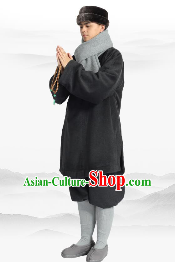 Chinese Traditional Monk Winter Deep Grey Costume Lay Buddhist Clothing Meditation Garment Shirt and Pants for Men
