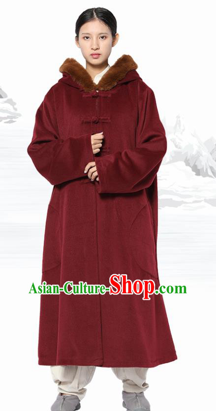 Chinese Traditional Women Lay Buddhist Costume Top Grade Tai Ji Uniforms Tang Suit Meditation Wine Red Dust Coat