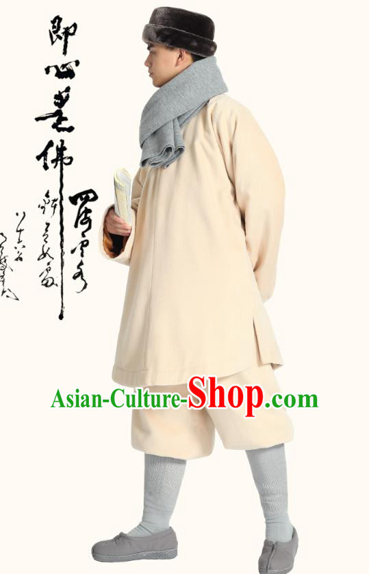 Chinese Traditional Monk Winter Beige Costume Lay Buddhist Clothing Meditation Garment Shirt and Pants for Men