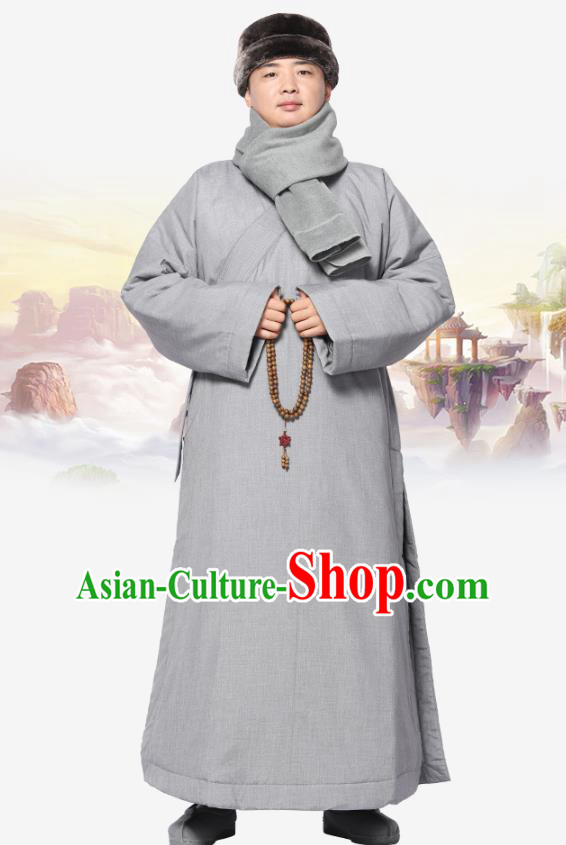 Chinese Traditional Winter Grey Cotton Padded Gown Costume Lay Buddhist Clothing Meditation Garment for Men