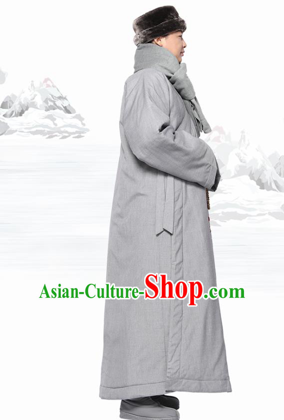 Chinese Traditional Winter Grey Cotton Padded Gown Costume Lay Buddhist Clothing Meditation Garment for Men