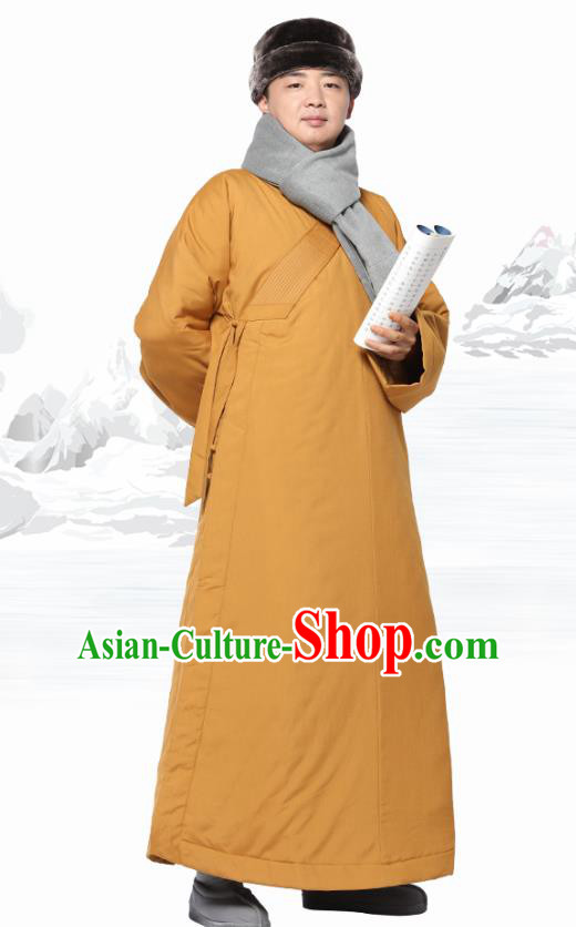 Chinese Traditional Winter Ginger Cotton Padded Gown Costume Lay Buddhist Clothing Meditation Garment for Men