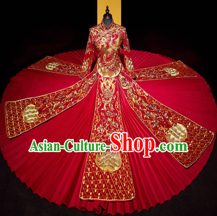 Top Grade Chinese Ancient Bride Embroidered Phoenix Xiuhe Suit Toast Red Dress Traditional Wedding Costumes for Women