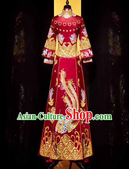 Top Grade Chinese Ancient Bride Diamante Phoenix Xiuhe Suit Toast Red Dress Traditional Wedding Embroidered Costumes for Women