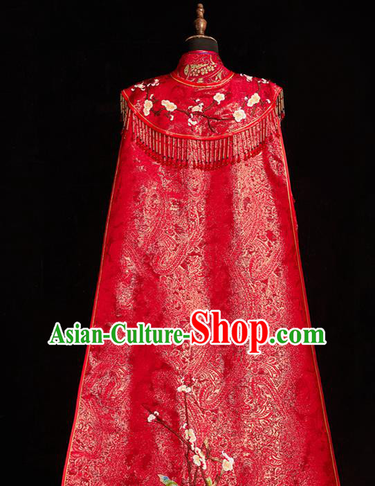 Top Grade Chinese Ancient Bride Embroidered Peony Red Cloak Traditional Wedding Cape Costumes for Women