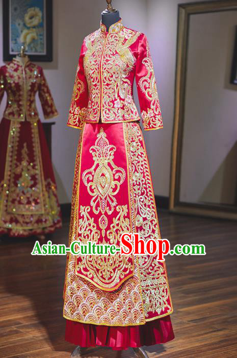 Top Grade Chinese Ancient Bride Diamante Crane Xiuhe Suit Traditional Wedding Embroidered Red Costumes for Women