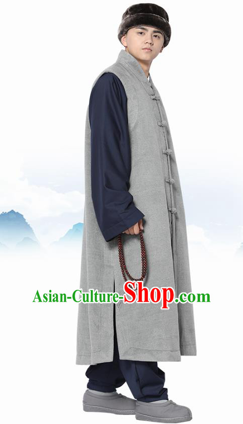 Chinese Traditional Winter Grey Long Vest Costume Meditation Garment Lay Buddhist Clothing for Men