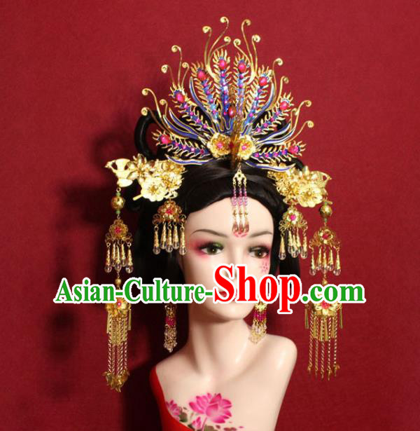 Traditional Handmade Chinese Ancient Queen Hair Accessories Cloisonn Phoenix Coronet Hair Jewelery Hair Fascinators Tassel Hairpins for Women
