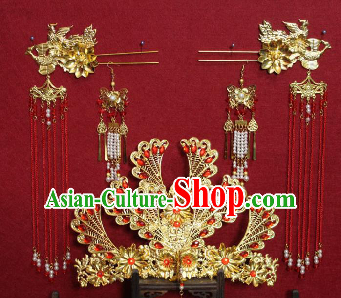 Traditional Handmade Chinese Ancient Queen Red Beads Hair Accessories Golden Phoenix Coronet Hair Jewelery Hair Fascinators Tassel Hairpins for Women
