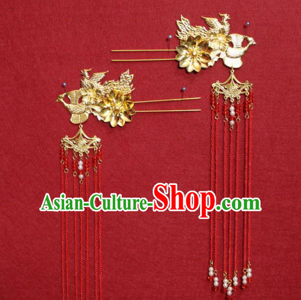 Traditional Handmade Chinese Ancient Queen Red Beads Hair Accessories Golden Phoenix Coronet Hair Jewelery Hair Fascinators Tassel Hairpins for Women