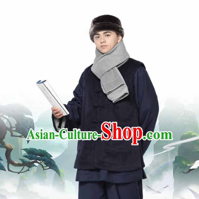 Chinese Traditional Winter Navy Vest Costume Meditation Garment Lay Buddhist Waistcoat for Men