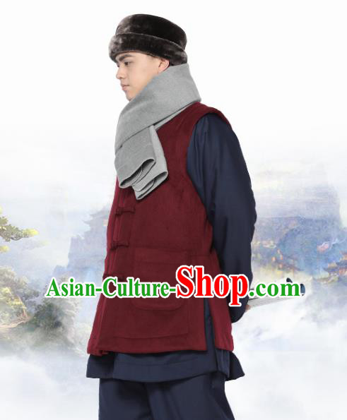 Chinese Traditional Winter Wine Red Vest Costume Meditation Garment Lay Buddhist Waistcoat for Men