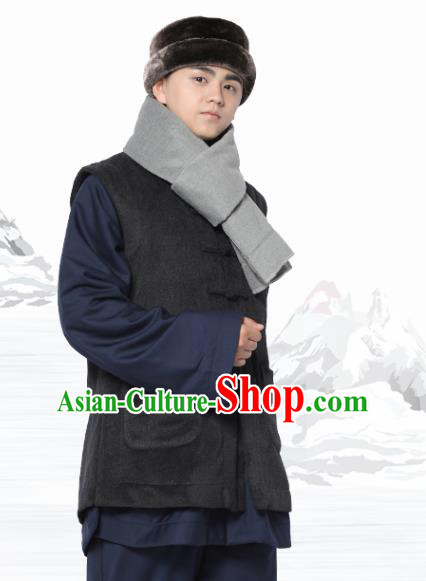 Chinese Traditional Winter Deep Grey Vest Costume Meditation Garment Lay Buddhist Waistcoat for Men