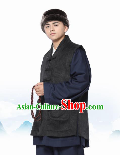 Chinese Traditional Winter Deep Grey Vest Costume Meditation Garment Lay Buddhist Waistcoat for Men