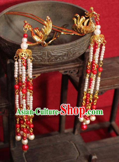Traditional Chinese Handmade Beads Tassel Hairpins Ancient Princess Hair Accessories Golden Phoenix Hair Clip for Women