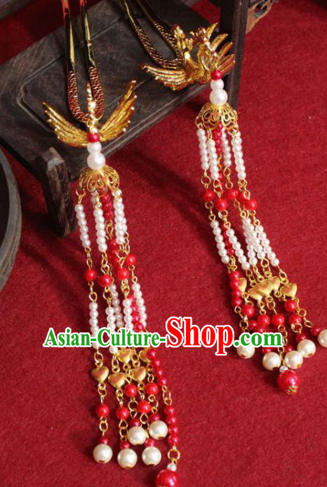 Traditional Chinese Handmade Beads Tassel Hairpins Ancient Princess Hair Accessories Golden Phoenix Hair Clip for Women