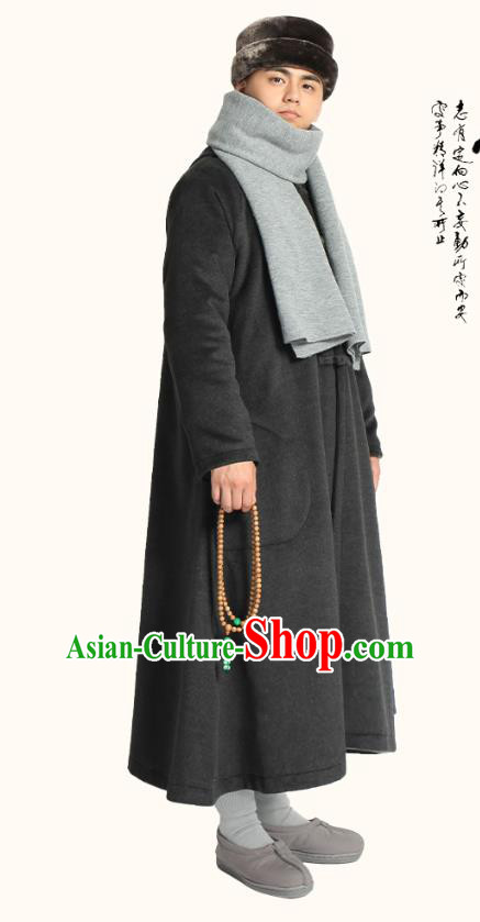 Chinese Traditional Winter Black Woolen Cloak Costume Lay Buddhist Clothing Meditation Garment Dust Coat for Men