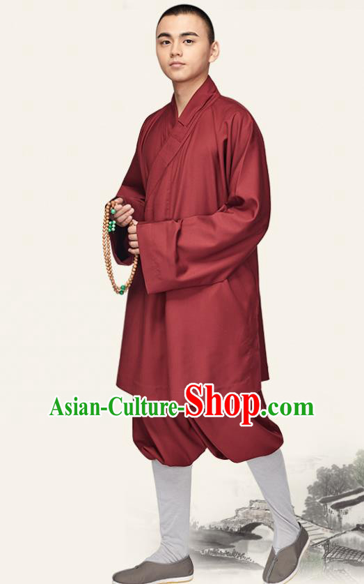 Chinese Traditional Monk Dark Red Flax Short Gown and Pants Meditation Garment Buddhist Bonze Costume for Men