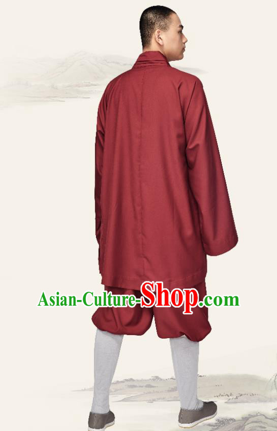 Chinese Traditional Monk Dark Red Flax Short Gown and Pants Meditation Garment Buddhist Bonze Costume for Men