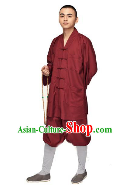 Chinese Traditional Meditation Garment Buddhist Bonze Costume Monk Dark Red Short Gown and Pants for Men