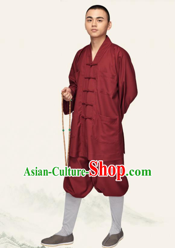 Chinese Traditional Buddhist Bonze Purplish Red Costume Meditation Garment Monk Gown and Pants for Men