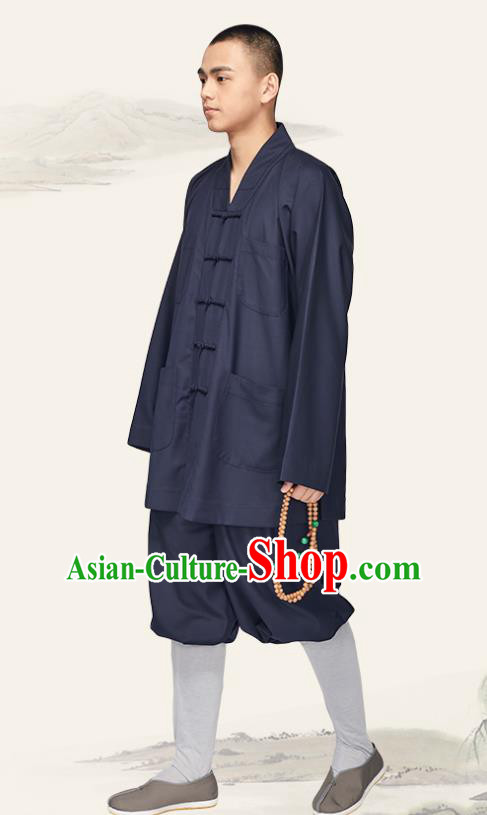 Chinese Traditional Buddhist Bonze Costume Meditation Garment Monk Navy Gown and Pants for Men