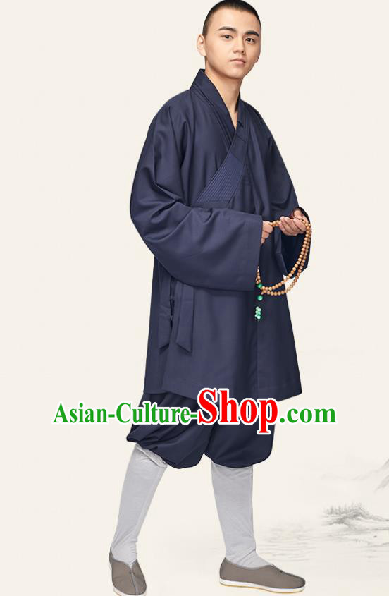 Chinese Traditional Monk Navy Gown and Pants Buddhist Bonze Costume Meditation Garment for Men