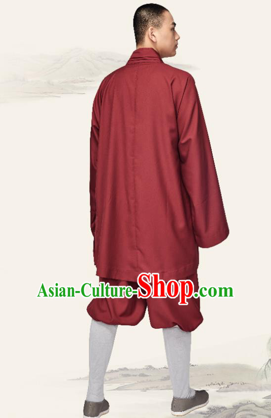 Chinese Traditional Monk Purplish Red Gown and Pants Buddhist Bonze Costume Meditation Garment for Men