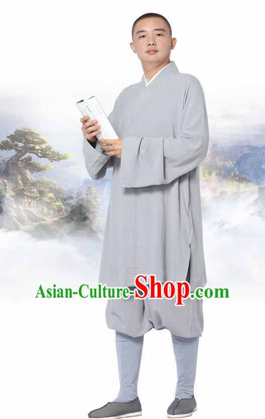 Chinese Traditional Monk Light Grey Short Gown and Pants Meditation Garment Buddhist Costume for Men