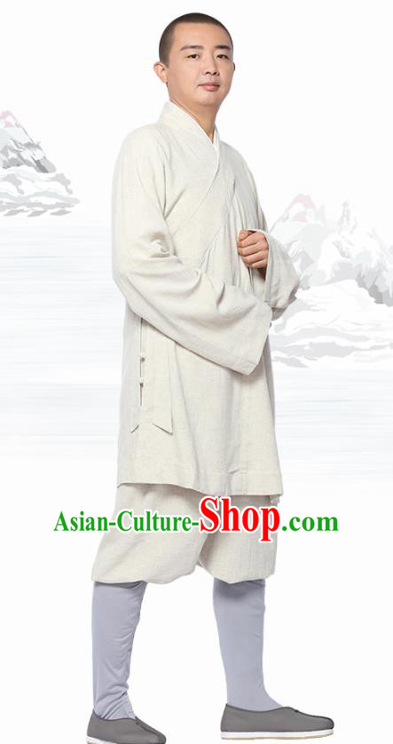 Chinese Traditional Monk White Short Gown and Pants Meditation Garment Buddhist Costume for Men