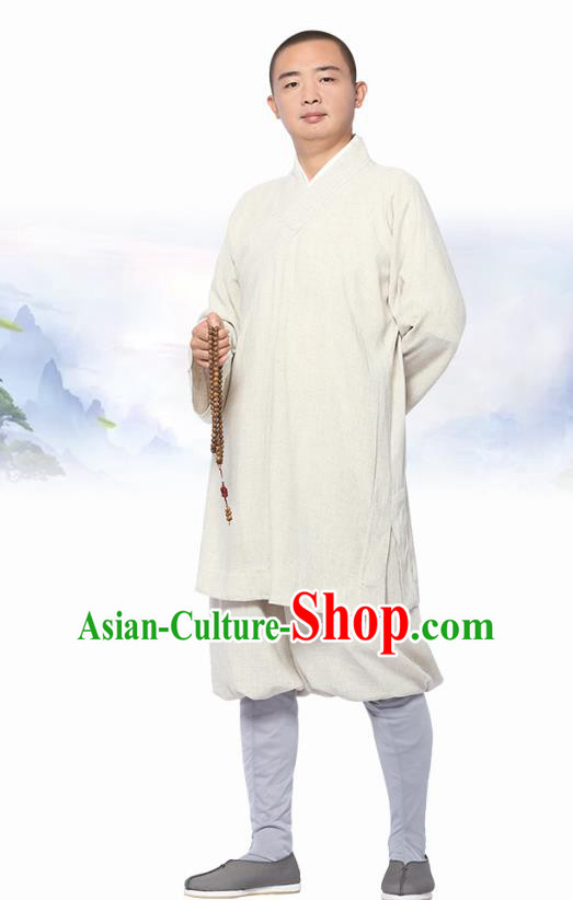 Chinese Traditional Monk White Short Gown and Pants Meditation Garment Buddhist Costume for Men