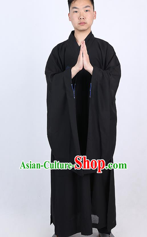 Chinese Traditional Buddhist Monk Black Robe Costume Meditation Garment Dharma Assembly Bonze Frock Gown for Men