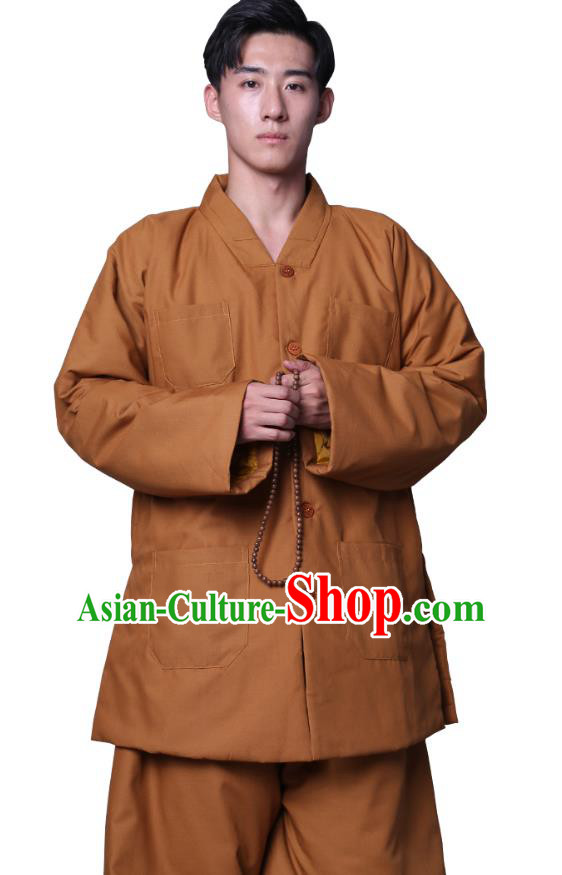 Chinese Winter Buddhist Monk Costume Traditional Meditation Garment Bonze Clothing Ginger Cotton Wadded Coat and Pants for Men