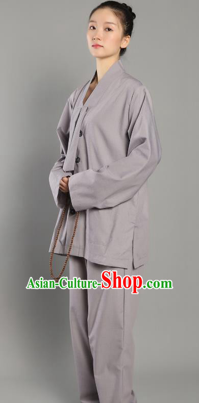 Chinese Lay Buddhist Dress Costume Traditional Meditation Garment Clothing Grey Deep Collar Blouse and Pants for Women