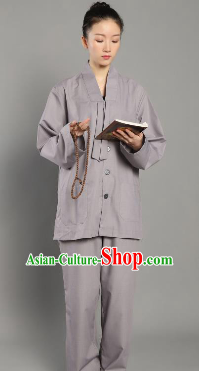 Chinese Lay Buddhist Dress Costume Traditional Meditation Garment Clothing Grey Deep Collar Blouse and Pants for Women