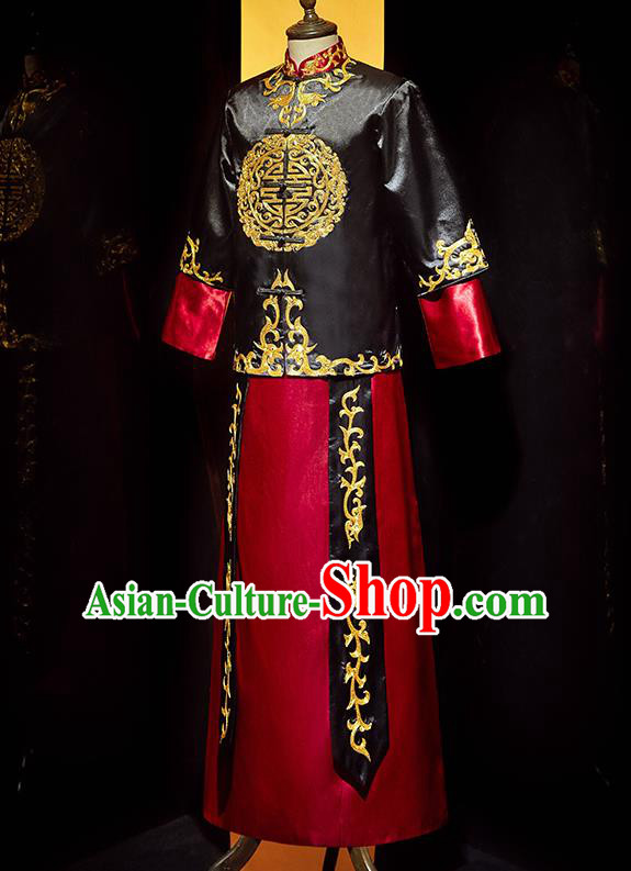 Chinese Handmade Bridegroom Embroidered Costume Traditional Wedding Garment Clothing Tang Suit Black Mandarin Jacket and Robe for Men