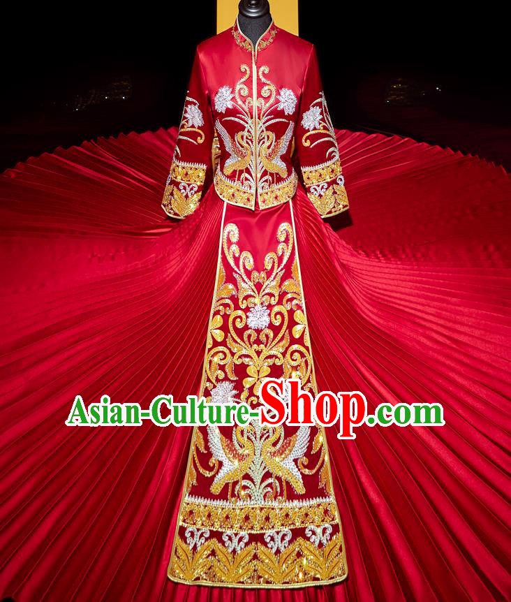 Top Grade Chinese Traditional Wedding Costumes Ancient Bride Diamante Xiuhe Suit Toast Red Dress for Women